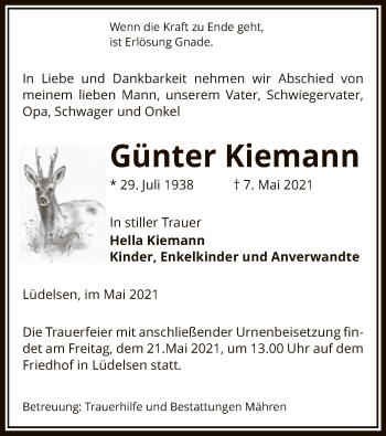 Traueranzeige von Günter Kiemann von UEL