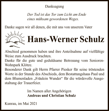 Traueranzeige von Hans-Werner Schulz von UEL