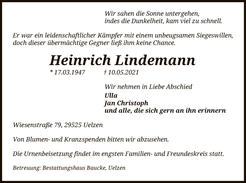  Traueranzeige für Heinrich Lindemann vom 21.05.2021 aus UEL