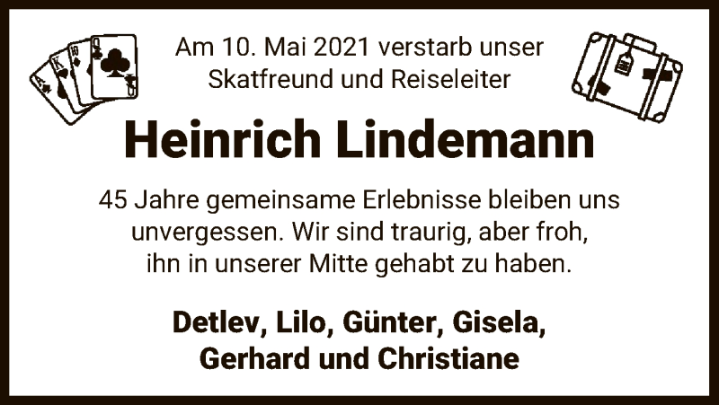  Traueranzeige für Heinrich Lindemann vom 21.05.2021 aus UEL
