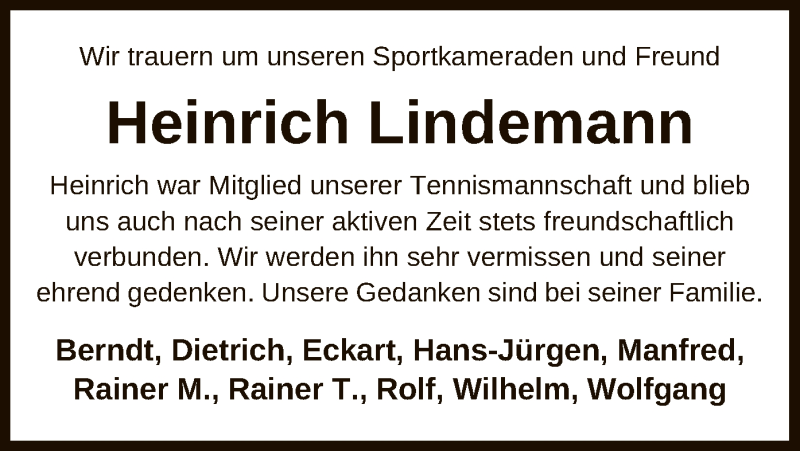  Traueranzeige für Heinrich Lindemann vom 21.05.2021 aus UEL