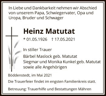 Traueranzeige von Heinz Matutat von UEL