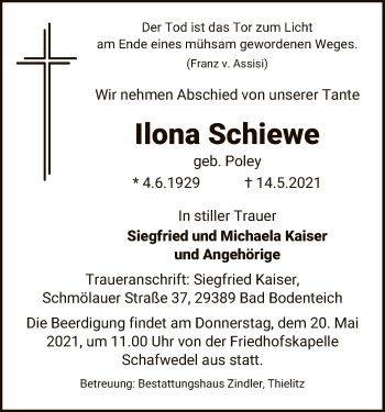 Traueranzeige von Ilona Schiewe von UEL