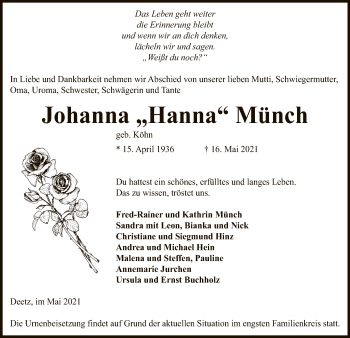 Traueranzeige von Johanna Münch von UEL