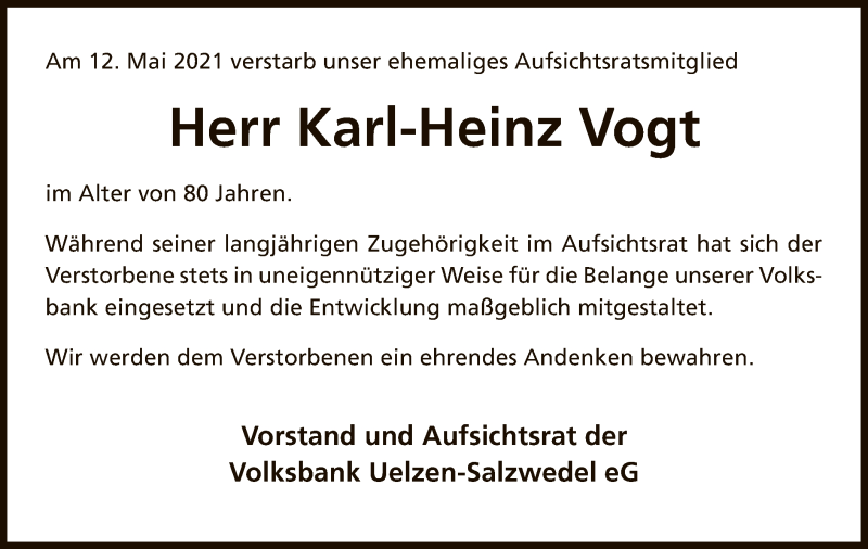  Traueranzeige für Karl-Heinz Vogt vom 21.05.2021 aus UEL