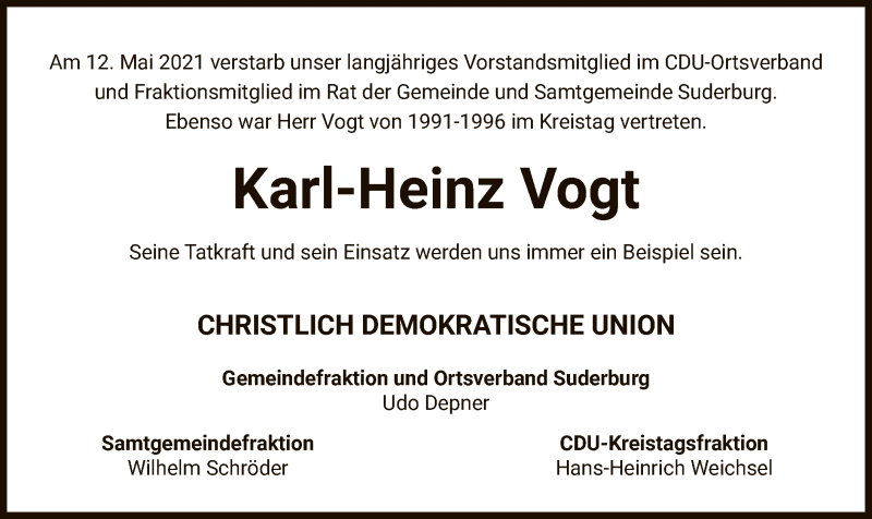  Traueranzeige für Karl-Heinz Vogt vom 21.05.2021 aus UEL