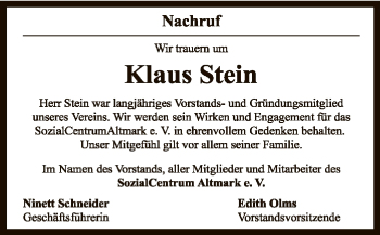 Traueranzeige von Klaus Stein von UEL