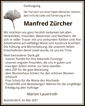 Traueranzeige von Manfred Zürcher von UEL