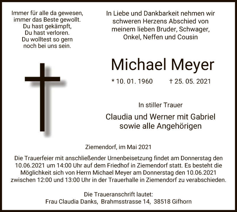  Traueranzeige für Michael Meyer vom 29.05.2021 aus UEL