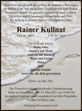 Traueranzeige von Rainer Kullnat von UEL