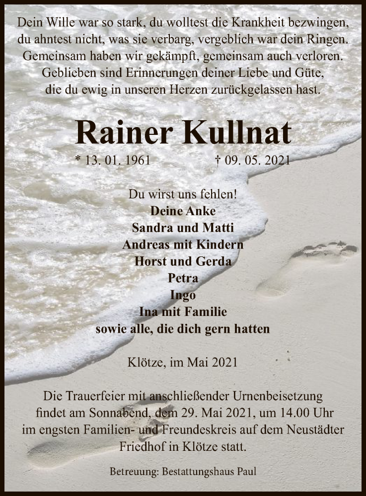  Traueranzeige für Rainer Kullnat vom 12.05.2021 aus UEL