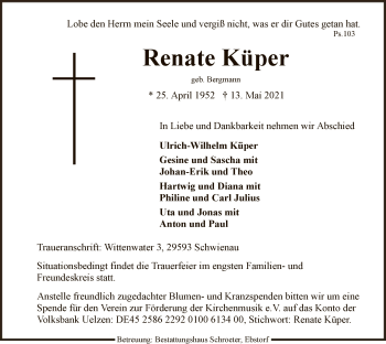 Traueranzeige von Renate Küper von UEL