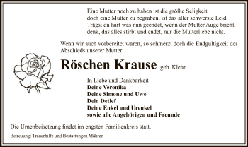 Traueranzeige von Röschen Krause von UEL