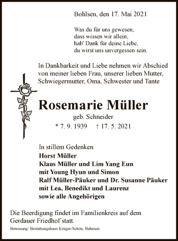 Traueranzeige von Rosemarie Müller von UEL