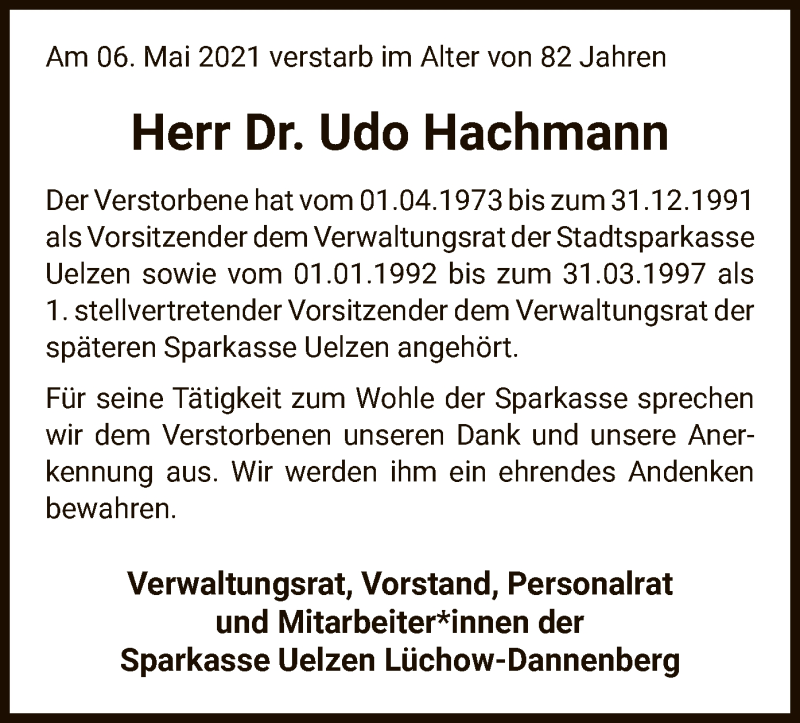 Traueranzeige für Udo Hachmann vom 15.05.2021 aus UEL