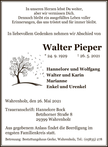 Traueranzeige von Walter Pieper von UEL