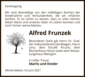 Traueranzeige von Alfred Frunzek von UEL