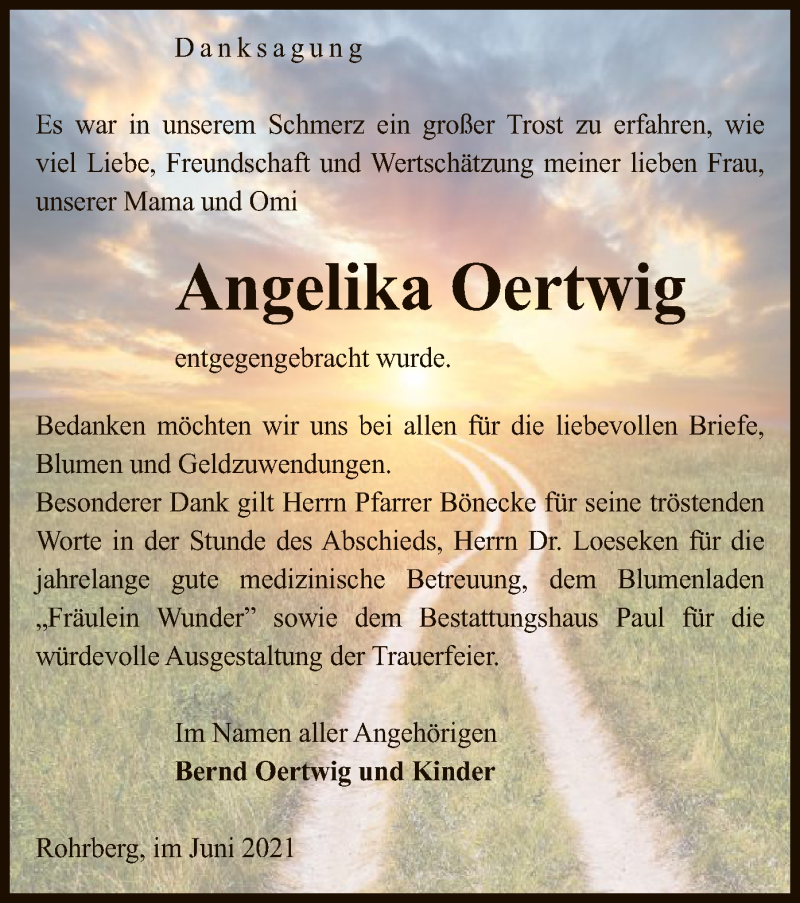  Traueranzeige für Angelika Oertwig vom 18.06.2021 aus UEL