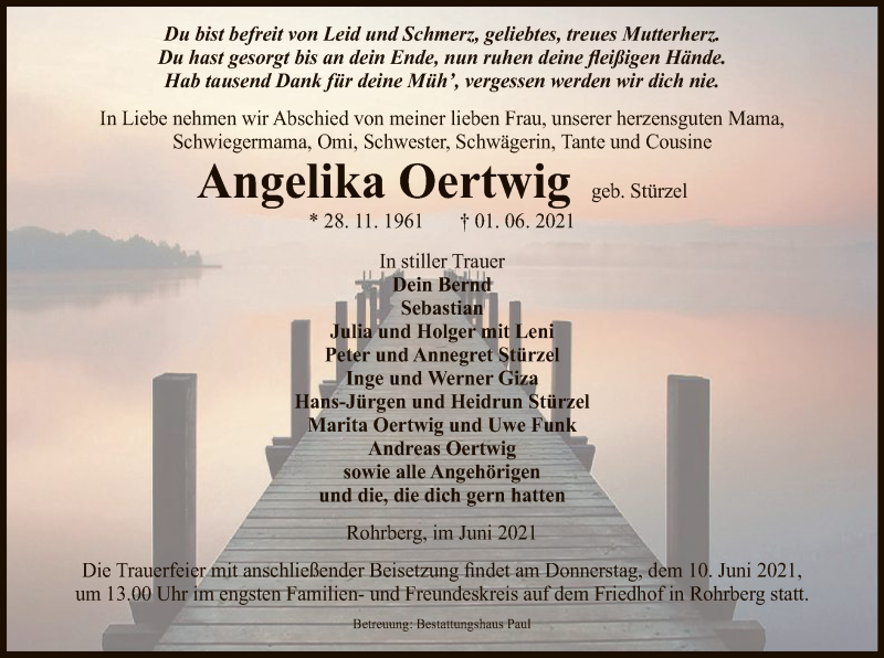  Traueranzeige für Angelika Oertwig vom 04.06.2021 aus UEL