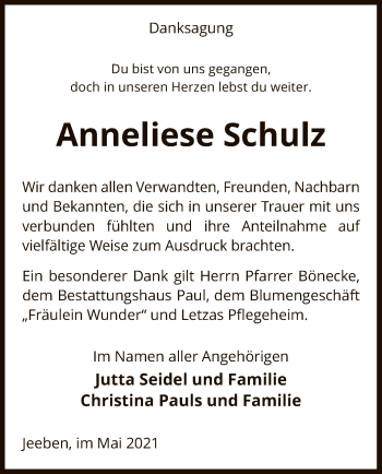 Traueranzeige von Anneliese Schulz von UEL