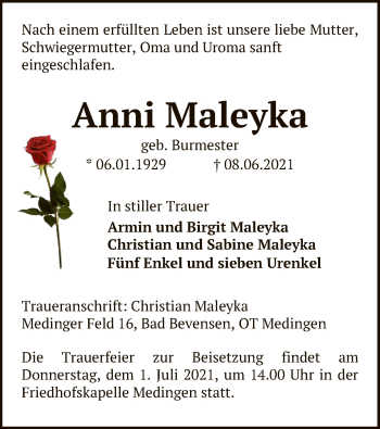 Traueranzeige von Anni Maleyka von UEL