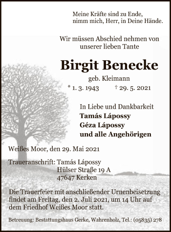 Traueranzeige von Birgit Benecke von UEL