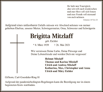 Traueranzeige von Brigitta Mitzlaff von UEL