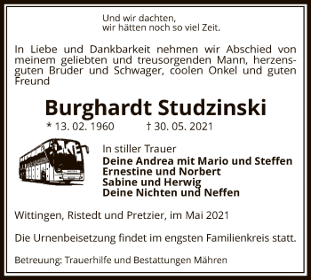 Traueranzeige von Burghardt Studzinski von UEL