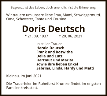 Traueranzeige von Doris Deutsch von UEL