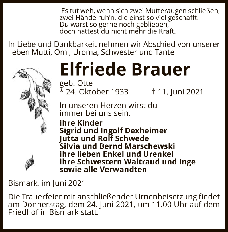  Traueranzeige für Elfriede Brauer vom 19.06.2021 aus UEL
