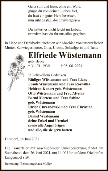 Traueranzeige von Elfriede Wüstemann von UEL