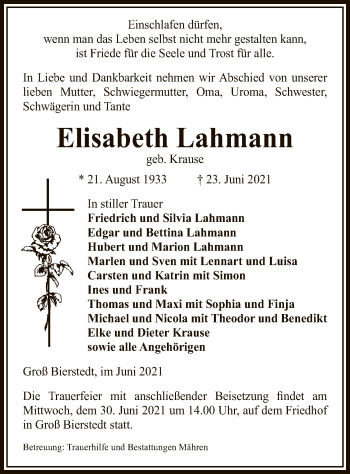 Traueranzeige von Elisabeth Lahmann von UEL