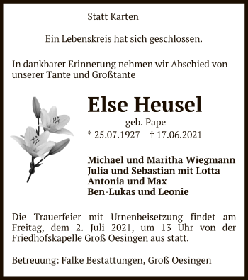 Traueranzeige von Else Heusel von UEL