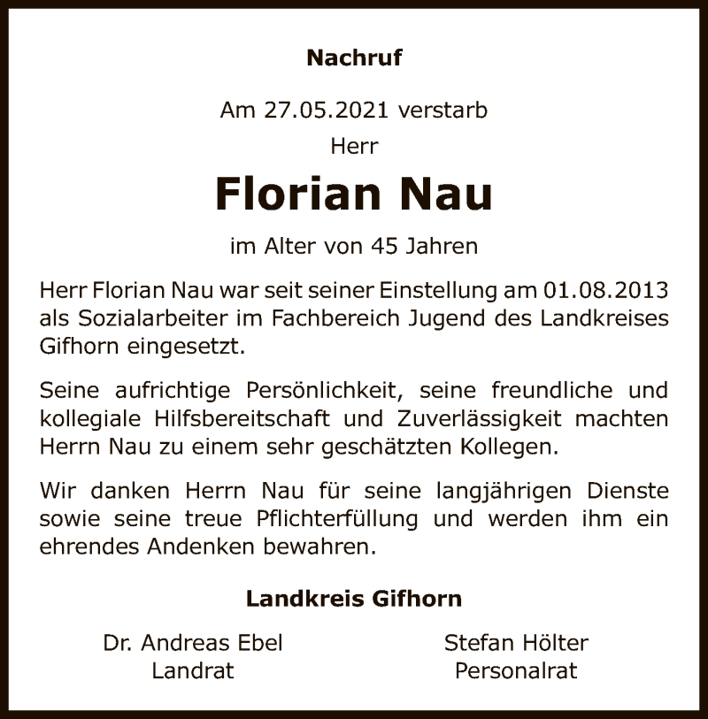  Traueranzeige für Florian Nau vom 24.06.2021 aus UEL