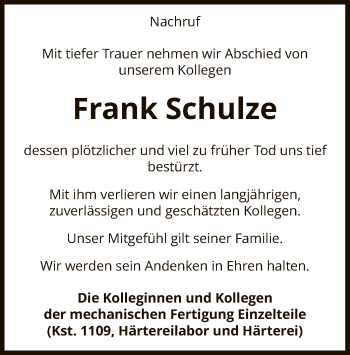 Traueranzeige von Frank Schulze von UEL