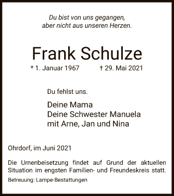 Traueranzeige von Frank Schulze von UEL