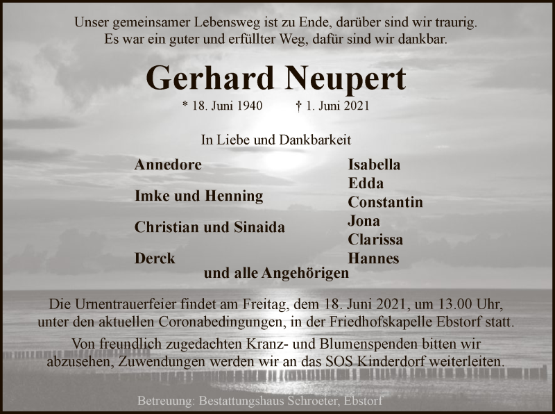  Traueranzeige für Gerhard Neupert vom 05.06.2021 aus UEL