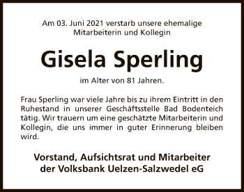 Traueranzeige von Gisela Sperling von UEL