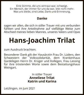 Traueranzeige von Hans-Joachim Trilat von UEL