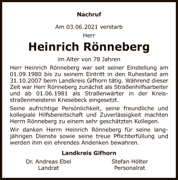 Traueranzeige von Heinrich Rönneberg von UEL