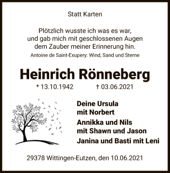 Traueranzeige von Heinrich Rönneberg von UEL