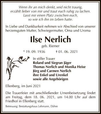 Traueranzeige von Ilse Nerlich von UEL