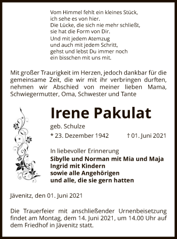 Traueranzeige von Irene Pakulat von UEL