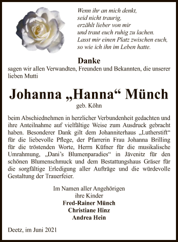 Traueranzeige von Johanna Münch von UEL