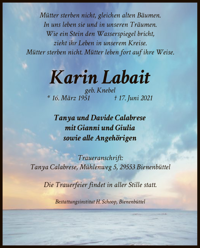  Traueranzeige für Karin Labait vom 19.06.2021 aus UEL