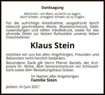 Traueranzeige von Klaus Stein von UEL