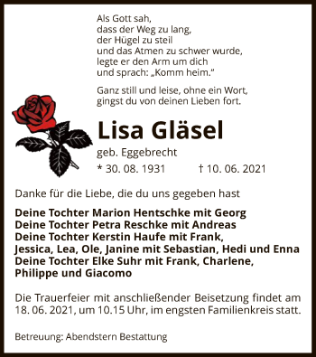 Traueranzeige von Lisa Gläsel von UEL