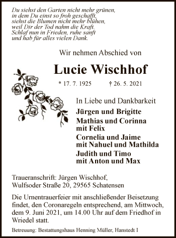 Traueranzeige von Lucie Wischhof von UEL