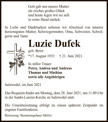 Traueranzeige von Luzie Dufek von UEL