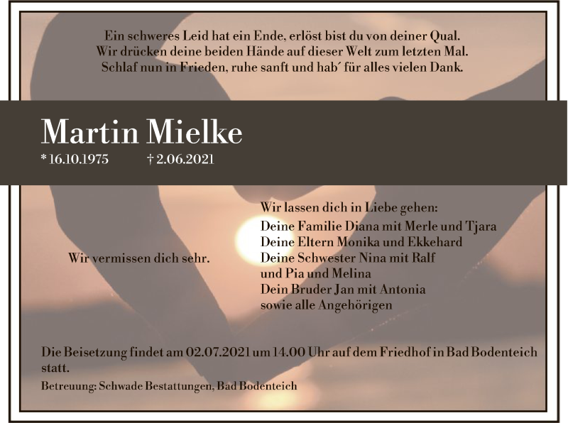  Traueranzeige für Martin Mielke vom 26.06.2021 aus UEL
